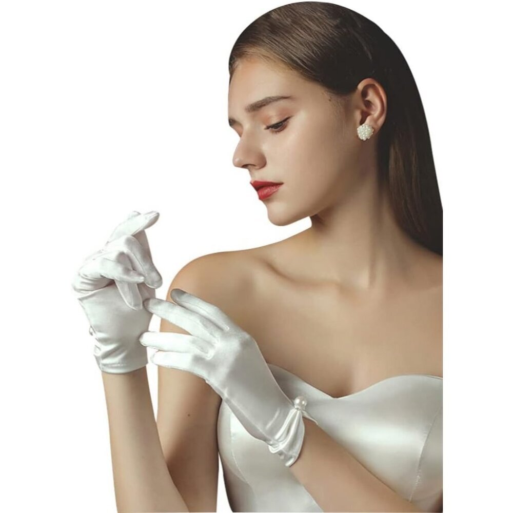 Women's Evening Lvory-Satin Tulle Short Lace Gloves Wrist Wedding Bridal Party
